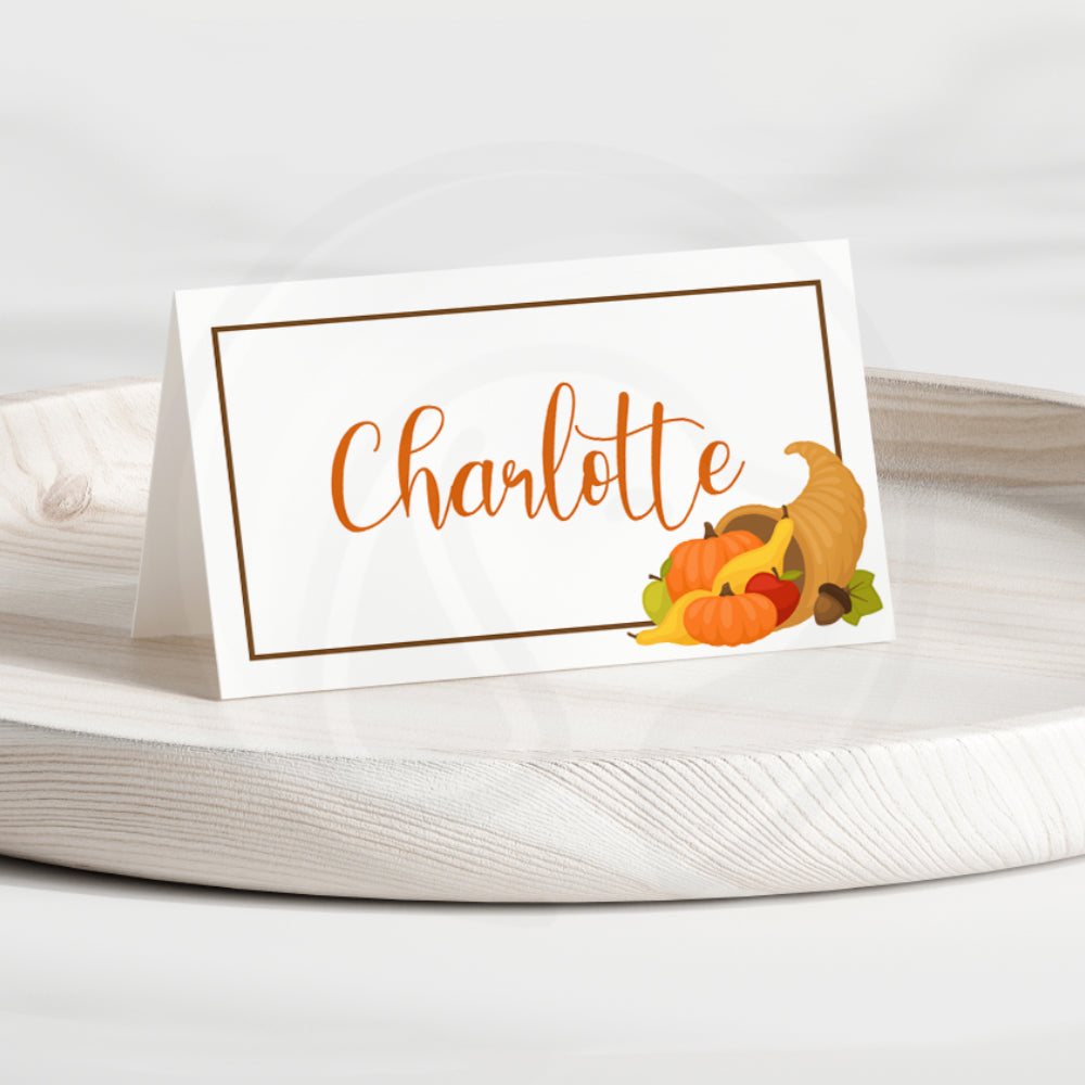 Printable Thanksgiving cornucopia place tent food cards for dinner parties and weddings editable