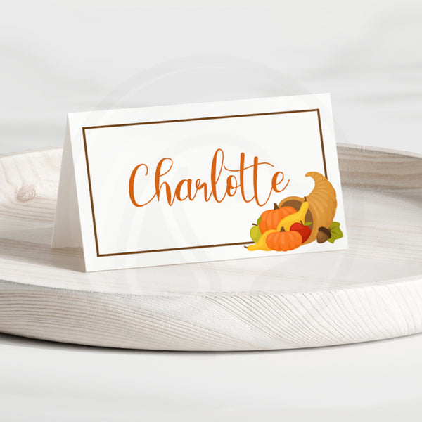 Printable Thanksgiving cornucopia place tent food cards for dinner parties and weddings editable