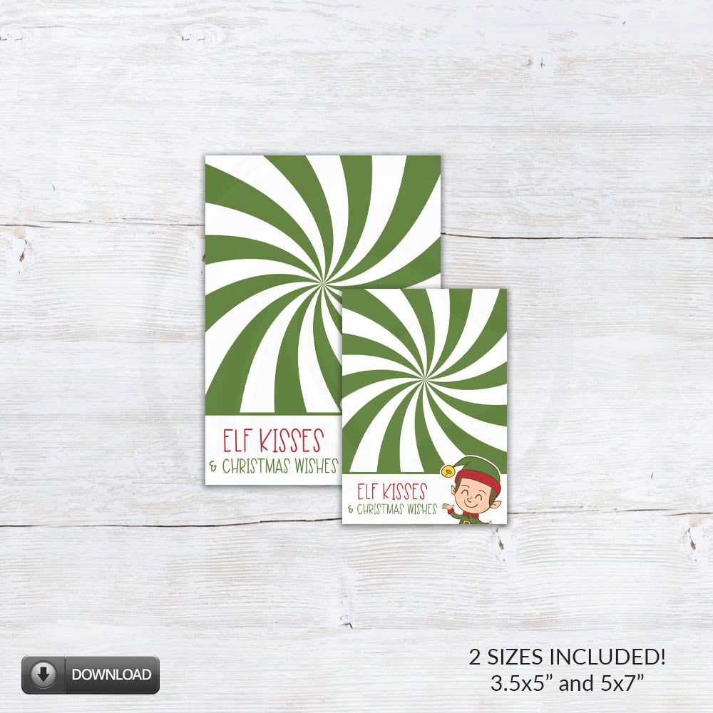 Printable “Elf Kisses & Christmas Wishes” cookie card featuring green peppermint swirl background and cute elf illustration, digital Christmas treat backer for holiday cookie gifting.