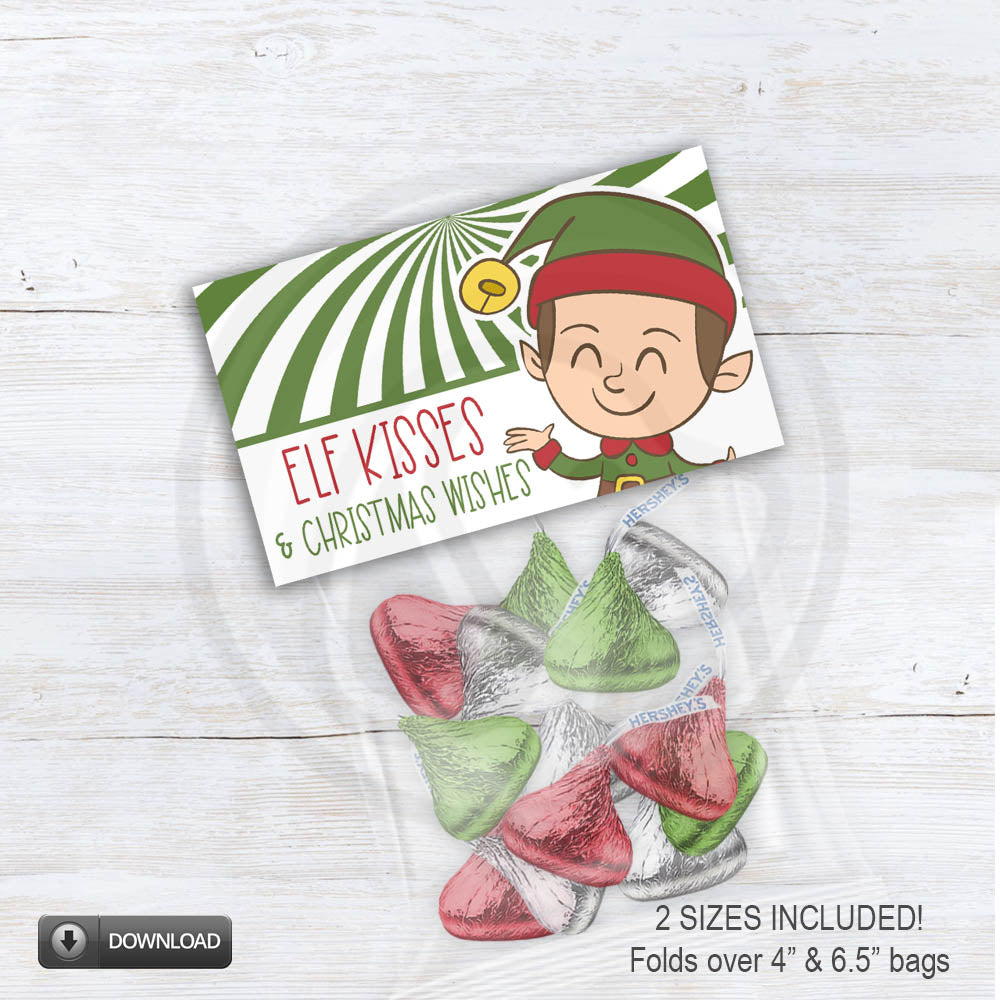 Elf Kisses and Christmas Wishes printable treat bag topper featuring cute elf illustration and green candy swirl design for Christmas candy gifts.