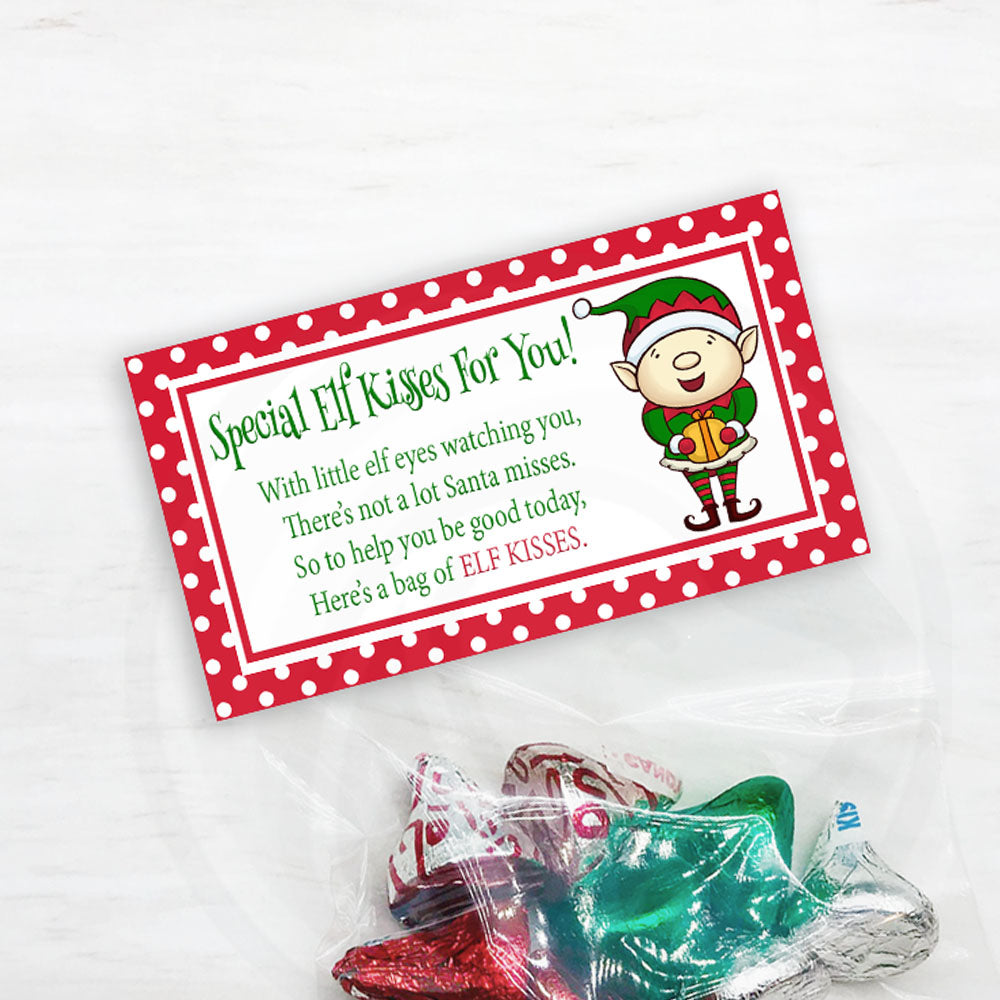 printable elf kisses treat and candy bag toppers for Christmas