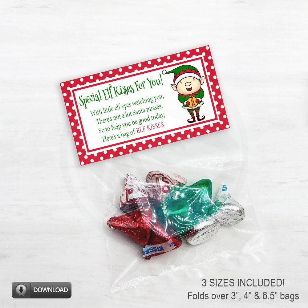 elf kisses treat bag toppers for students or classroom parties