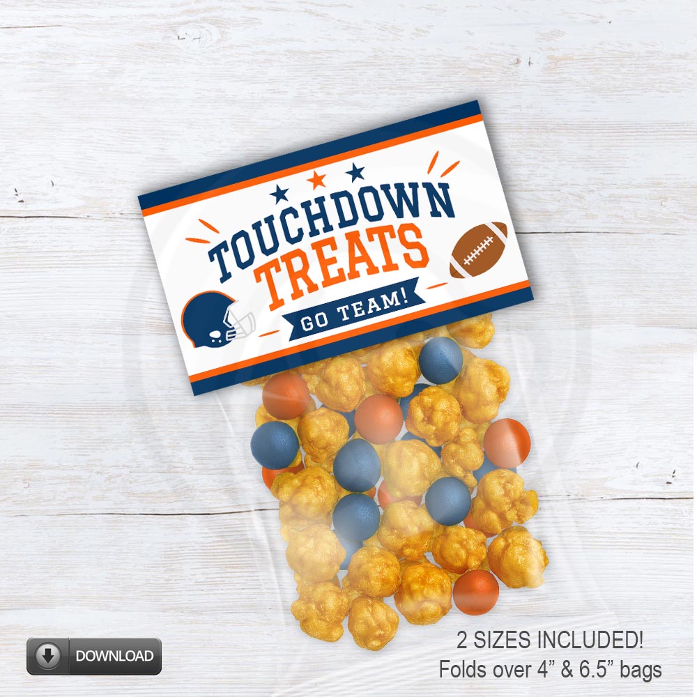 Printable Touchdown Treats football bag topper in navy blue and orange for team snacks, tailgate parties, homecoming and football parties.