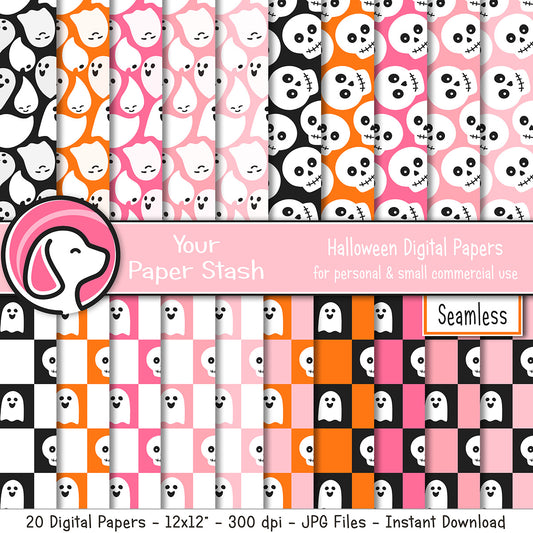 Halloween digital paper designs with ghosts and skulls on a pink background, featuring the brand 'Your Paper Stash'.