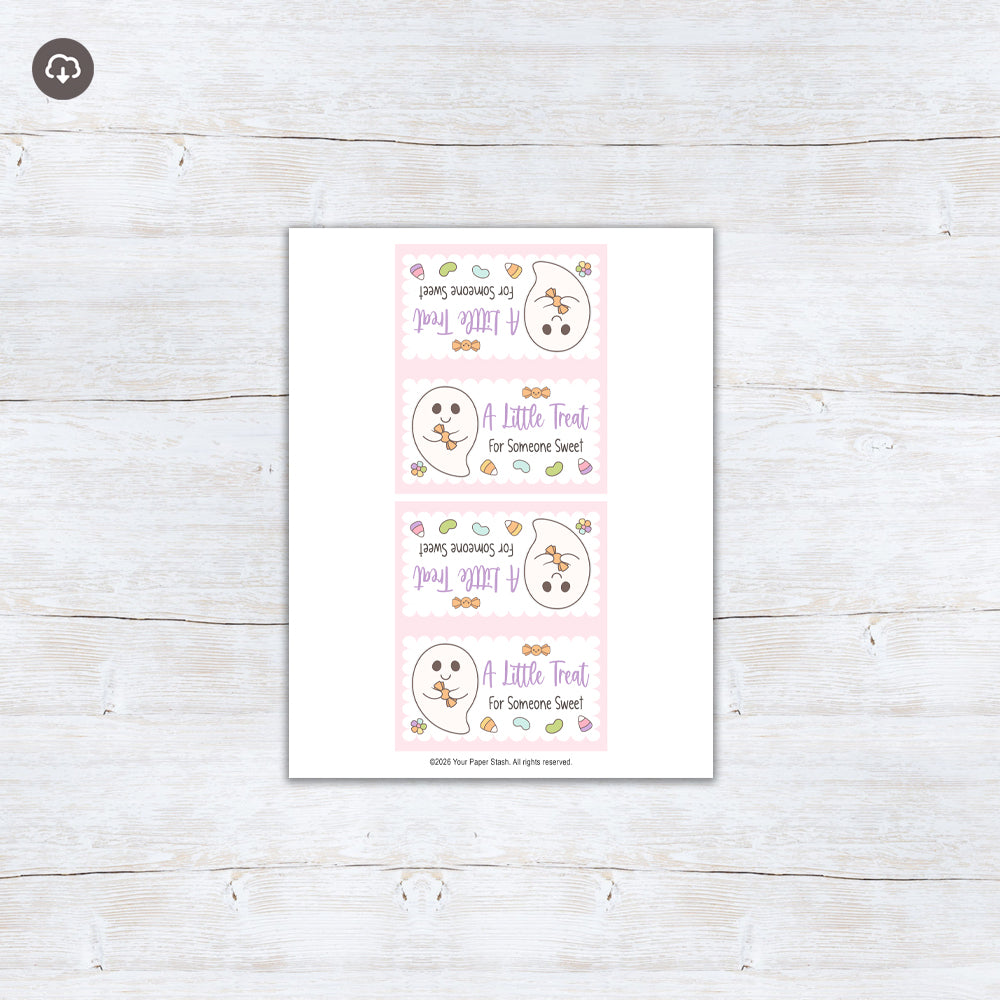 Pink printable ghost treat bag topper with pastel candy, lavender lettering, a scalloped frame, and the message A Little Treat for Someone Sweet.