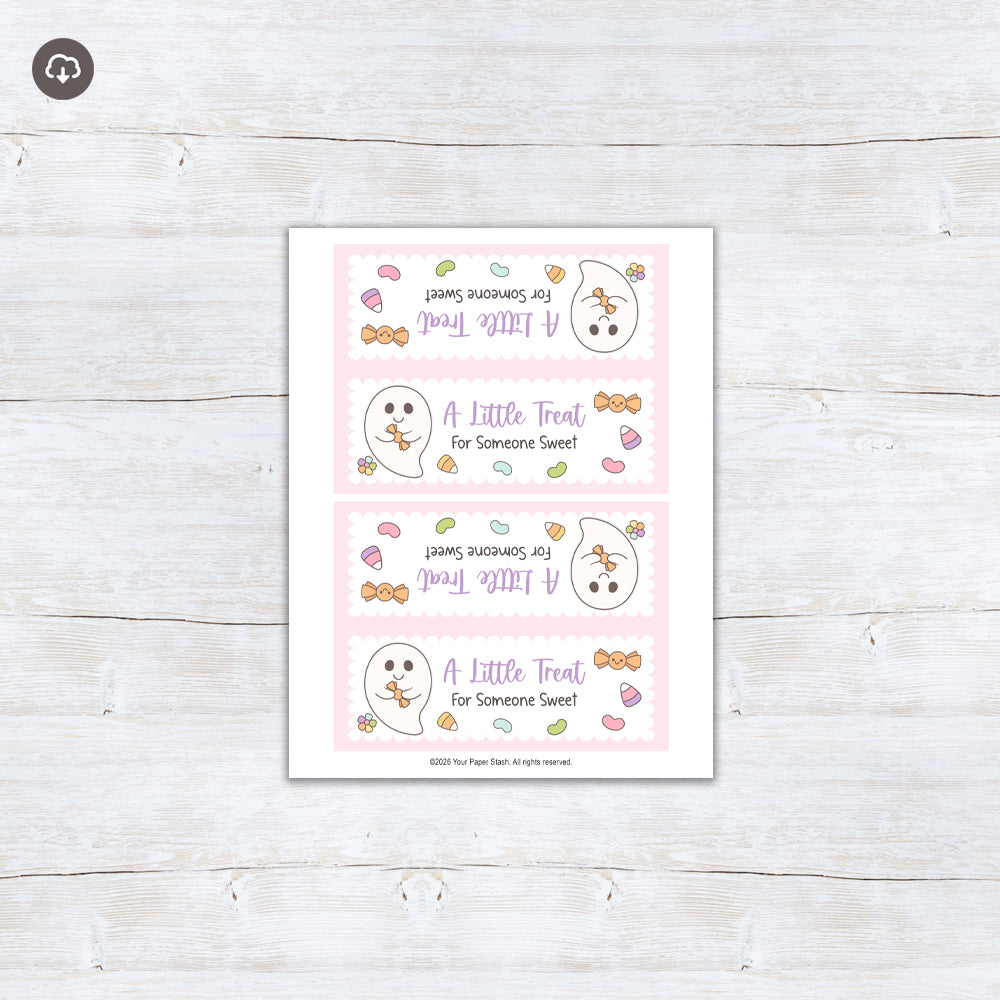Pink printable ghost treat bag topper with pastel candy, lavender lettering, a scalloped frame, and the message A Little Treat for Someone Sweet.