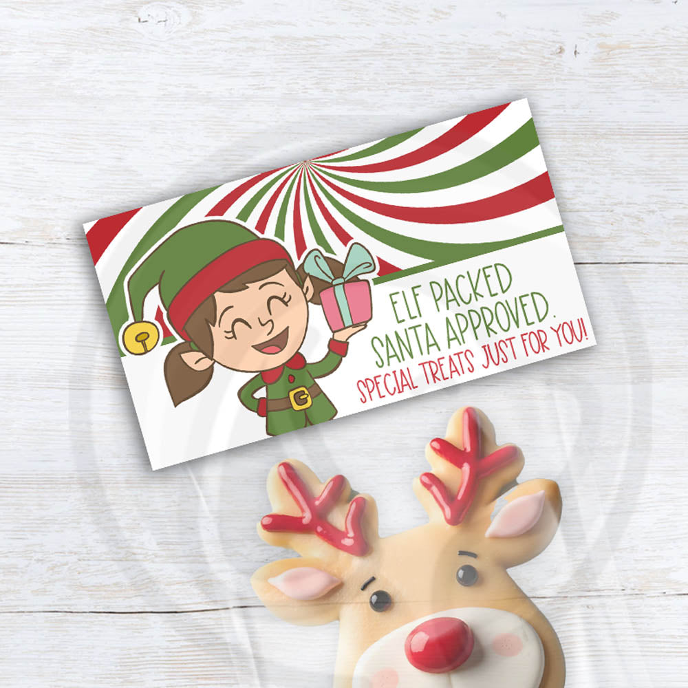 Cute elf-themed Christmas treat bag topper printable. Perfect for classroom gifts and holiday goodie bags. Instant download with two topper sizes.
