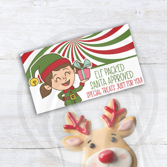 Cute elf-themed Christmas treat bag topper printable. Perfect for classroom gifts and holiday goodie bags. Instant download with two topper sizes.