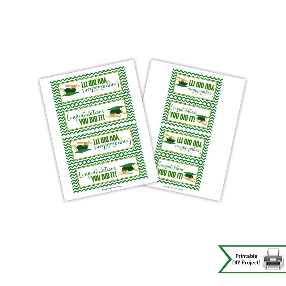 Printable graduation treat bag topper featuring green chevron design with “Congratulations You Did It,” shown folded over a gift card treat bag.