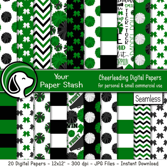 Green Cheerleading Digital Paper Pack Seamless Cheer Backgrounds Pom Pom Scrapbook Paper School Spirit Crafts Commercial Use