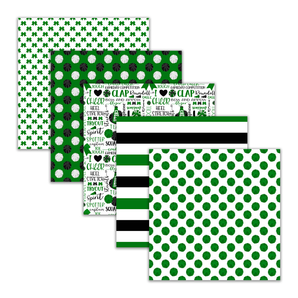 Green cheerleading digital paper pack with pom poms bows stripes chevron and team spirit patterns seamless scrapbook backgrounds