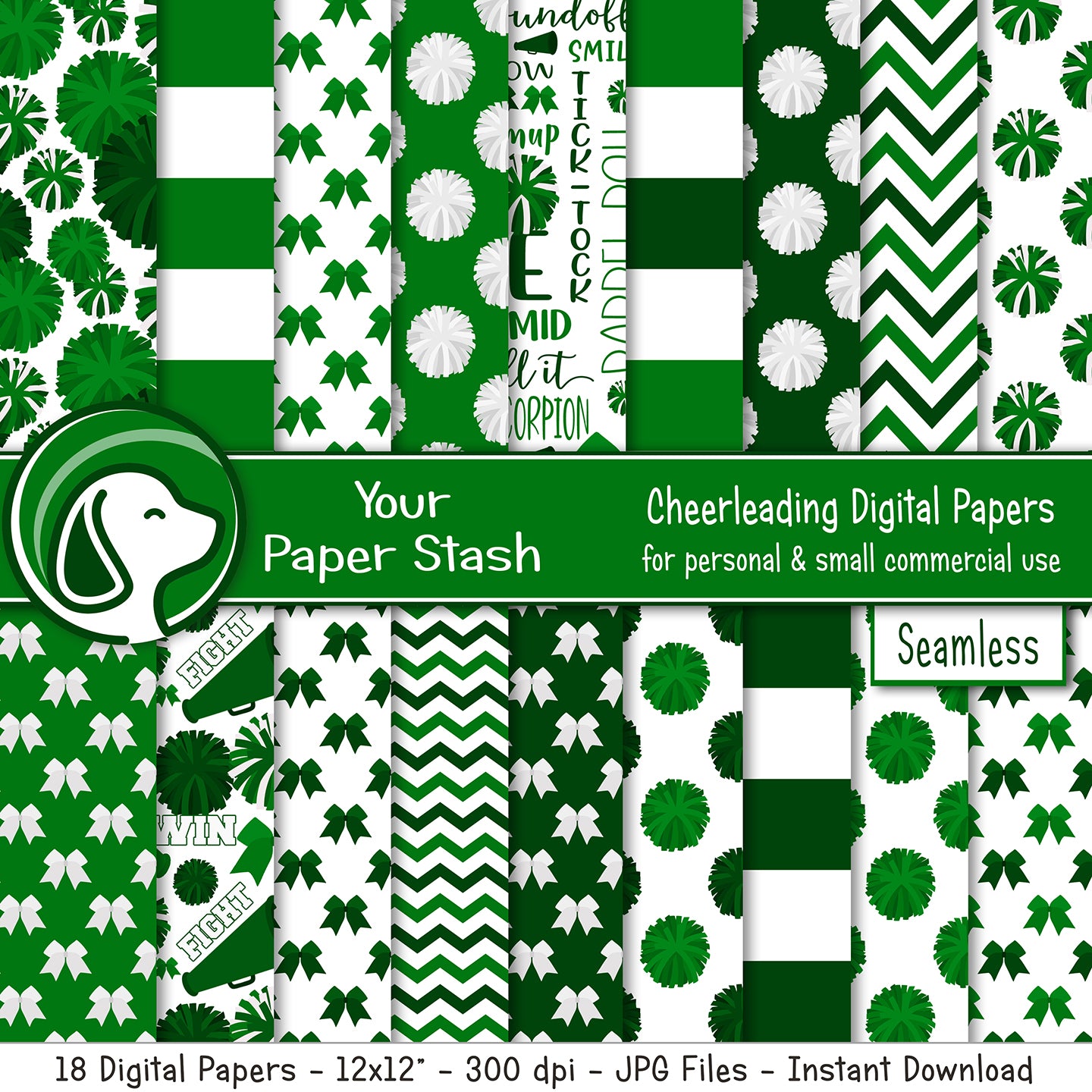 seamless green and white cheerleader digital scrapbook paper and backgrounds with pom-pom, megaphone, cheer bow, word collage, stripes, and chevrons, 12x12 300 DPI JPG files. Digital Download