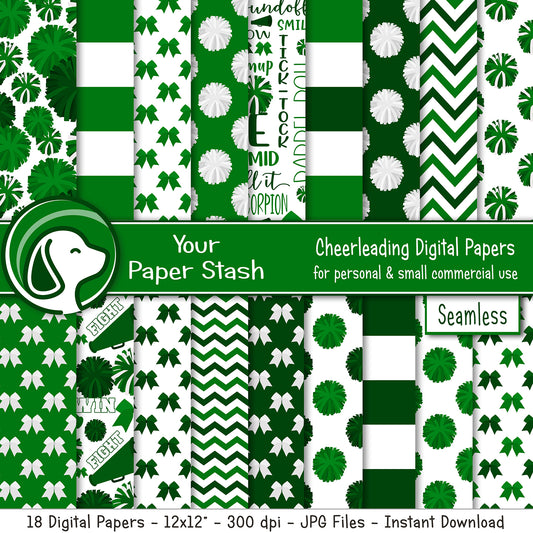 seamless green and white cheerleader digital scrapbook paper and backgrounds with pom-pom, megaphone, cheer bow, word collage, stripes, and chevrons, 12x12 300 DPI JPG files. Digital Download
