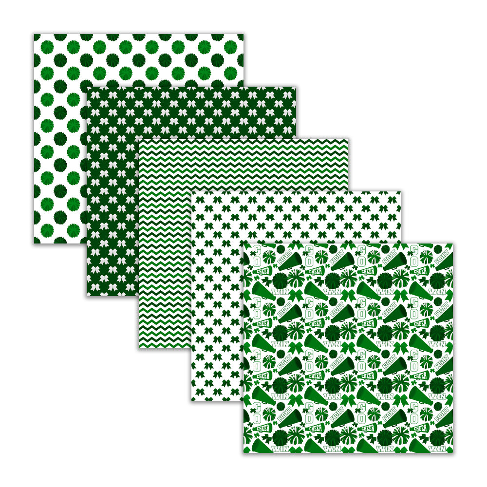 seamless green and white cheerleader digital scrapbook paper and backgrounds with pom-pom, megaphone, cheer bow, word collage, stripes, and chevrons, 12x12 300 DPI JPG files. Digital Download