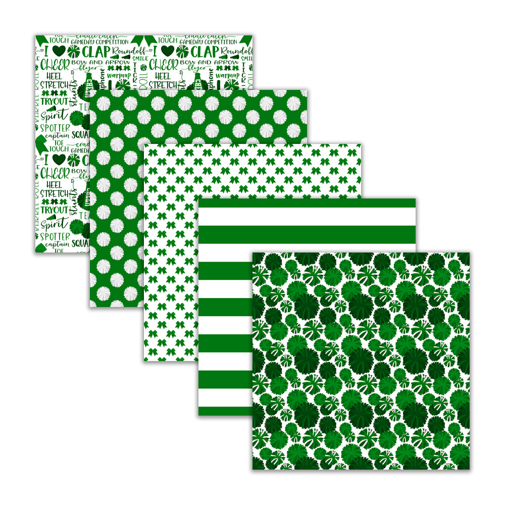 seamless green and white cheerleader digital scrapbook paper and backgrounds with pom-pom, megaphone, cheer bow, word collage, stripes, and chevrons, 12x12 300 DPI JPG files. Digital Download