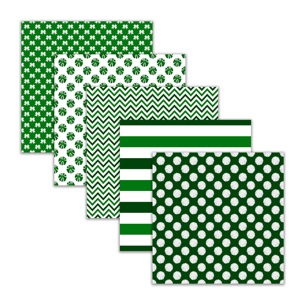 seamless green and white cheerleader digital scrapbook paper and backgrounds with pom-pom, megaphone, cheer bow, word collage, stripes, and chevrons, 12x12 300 DPI JPG files. Digital Download