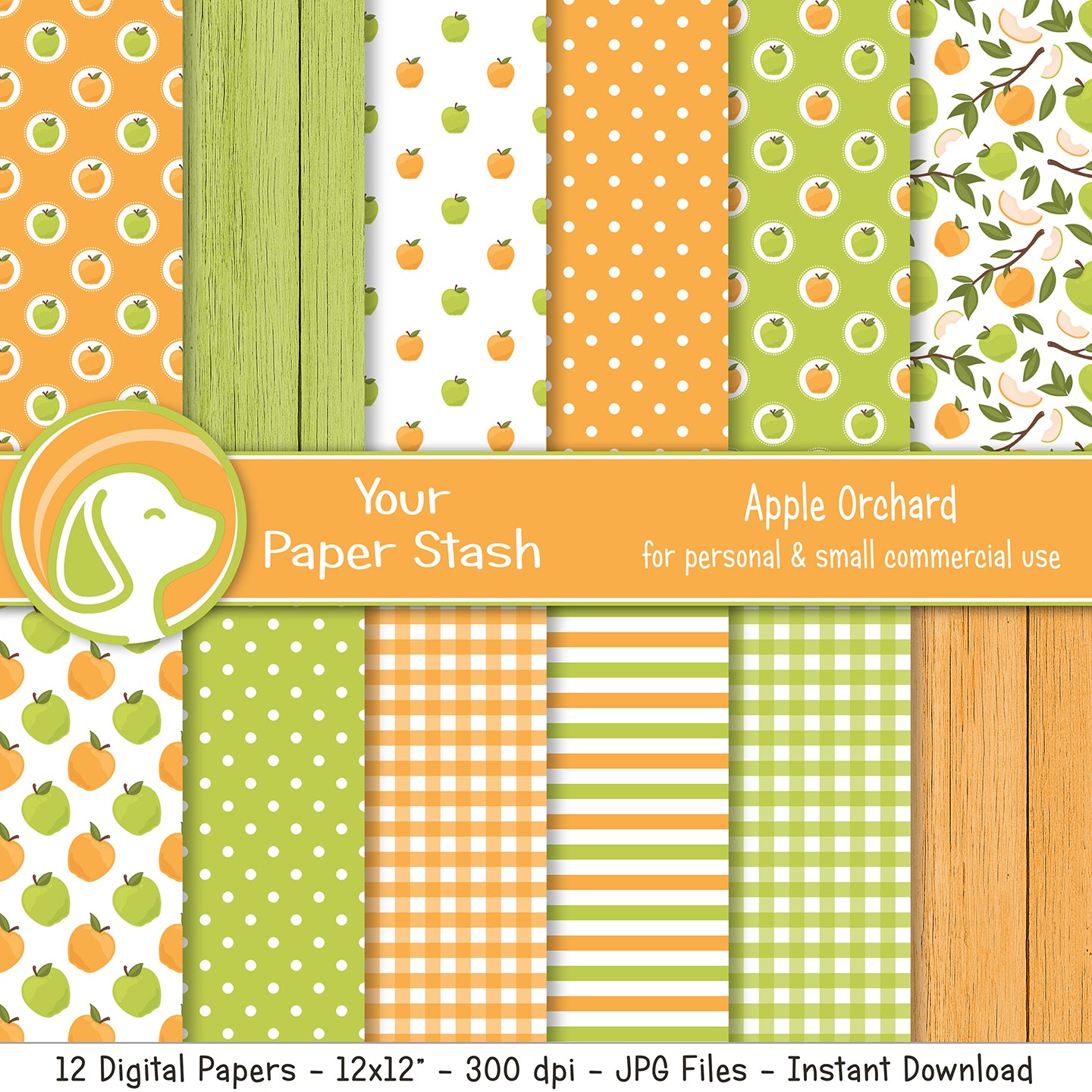 Apple Orchard Digital Paper Pack – Fall Green & Orange Apple Backgrounds – 12x12