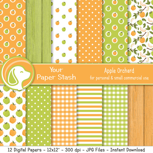 Apple Orchard Digital Paper Pack – Fall Green & Orange Apple Backgrounds – 12x12