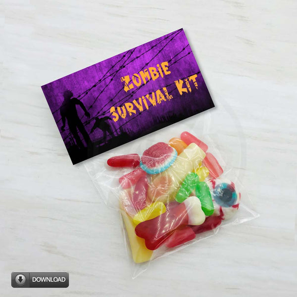 printable halloween zombie party favor bag toppers, halloween trick trunk or treat candy bag toppers, halloween goody bag topper