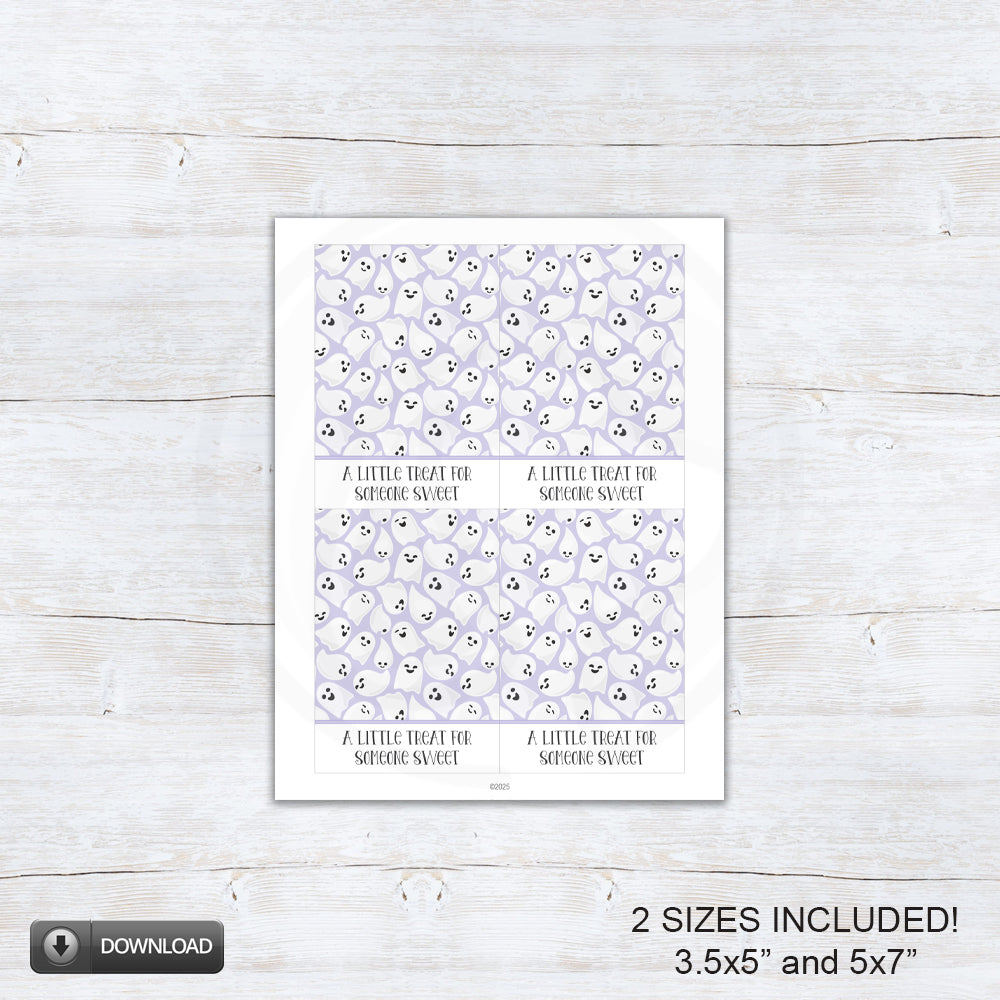 Purple and white Halloween ghost cookie cards and printable treat backers for cookies, classroom treats, and Halloween party favors.