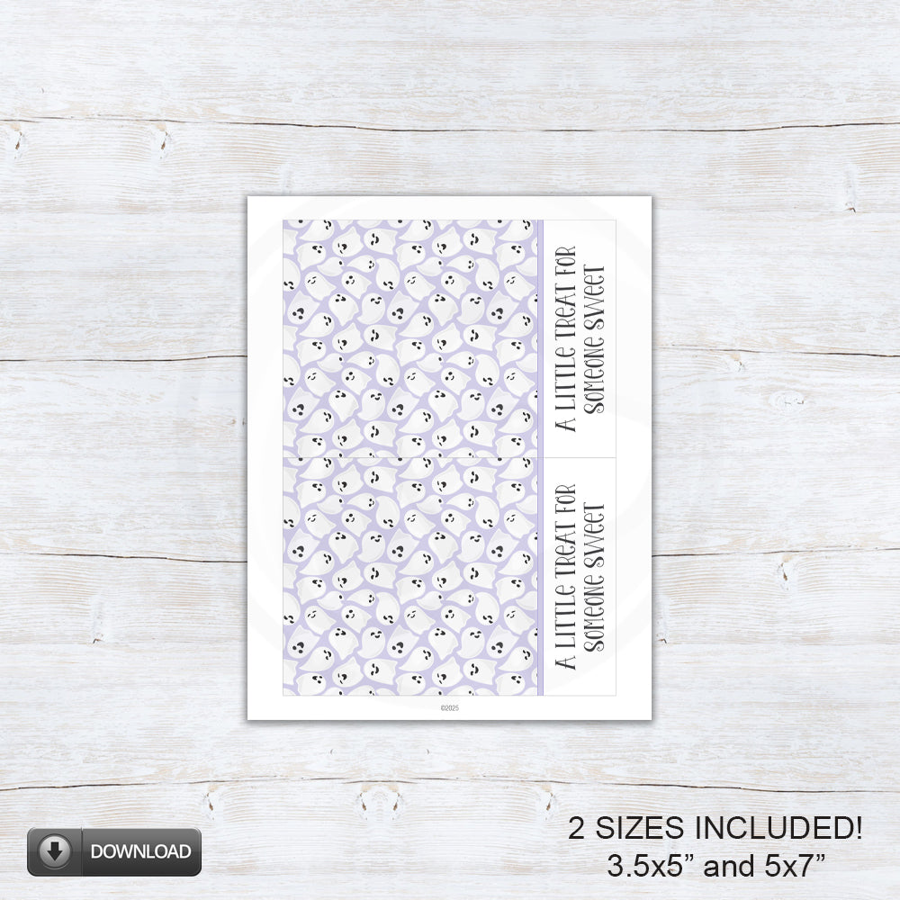 Purple and white Halloween ghost cookie cards and printable treat backers for cookies, classroom treats, and Halloween party favors.