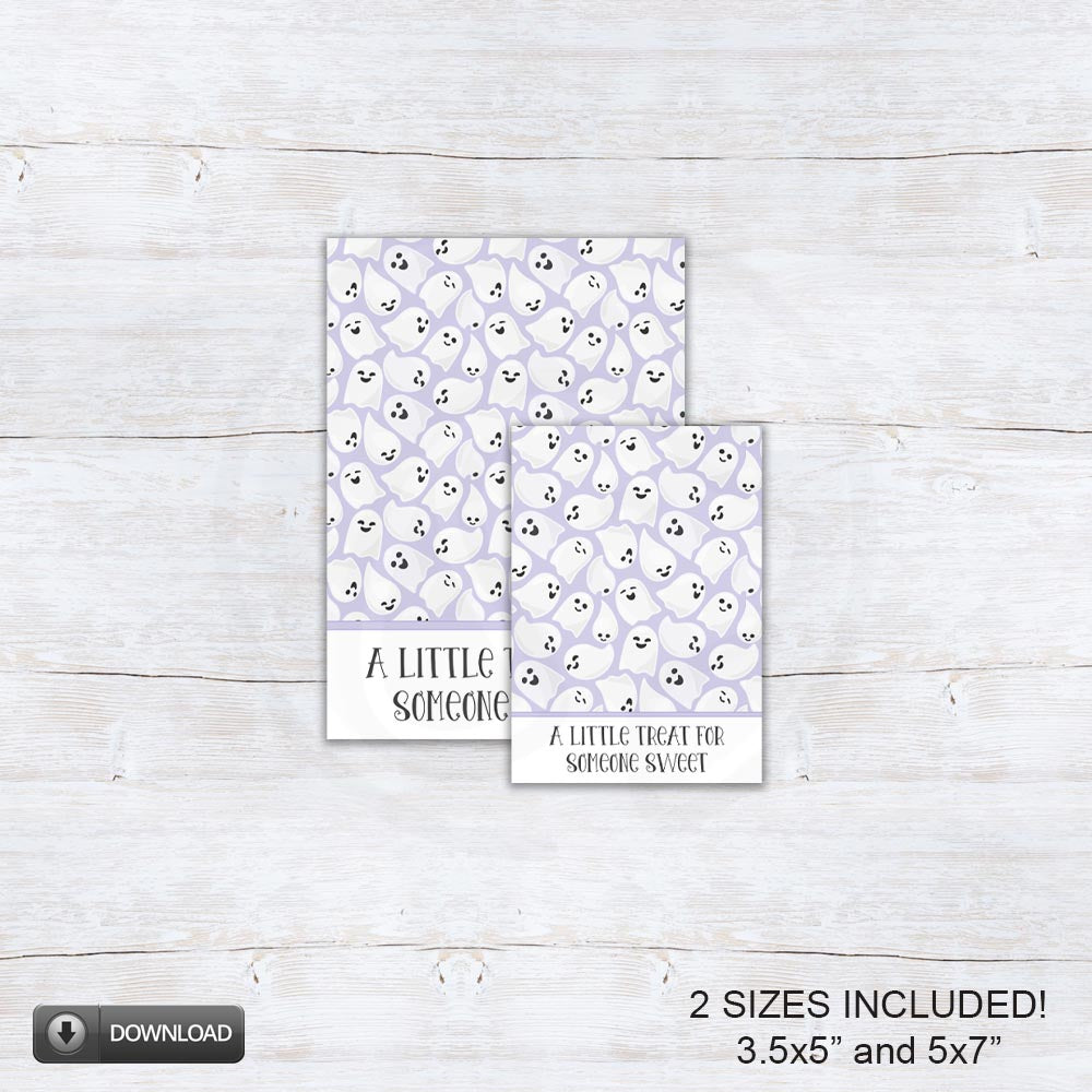 Purple and white Halloween ghost cookie cards and printable treat backers for cookies, classroom treats, and Halloween party favors.