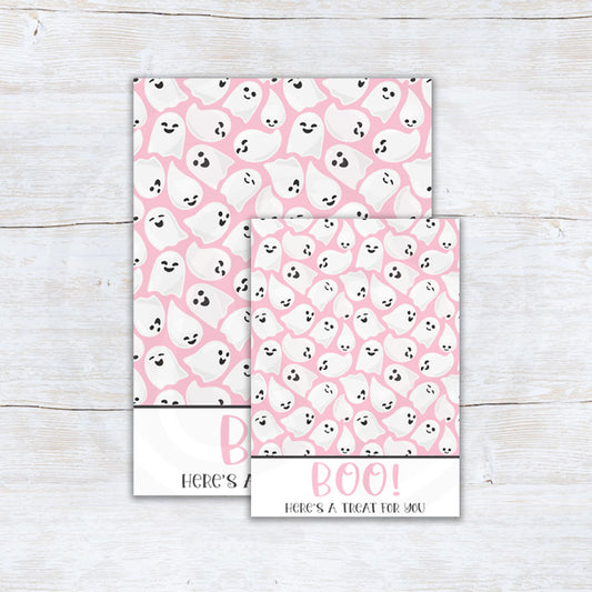 Pink ghost Halloween printable cookie backers with Boo treat design in two sizes.