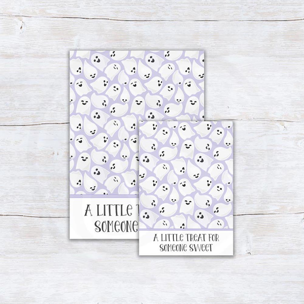 Purple and white Halloween ghost cookie cards and printable treat backers for cookies, classroom treats, and Halloween party favors.