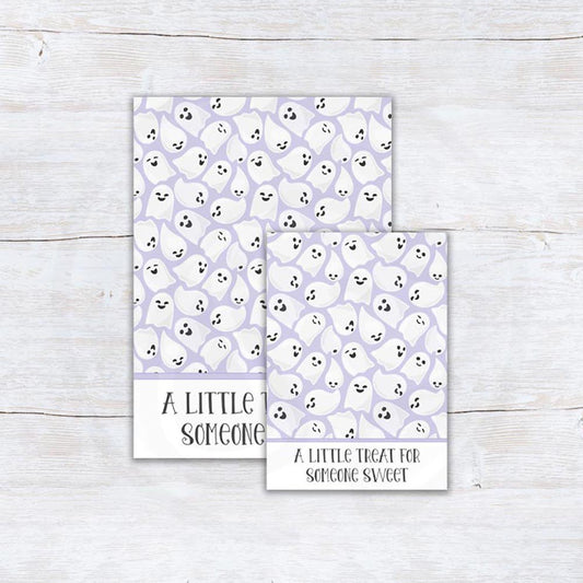 Purple and white Halloween ghost cookie cards and printable treat backers for cookies, classroom treats, and Halloween party favors.