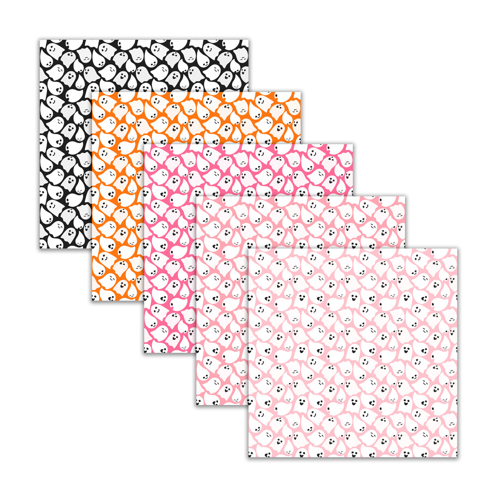 Set of five patterned paper sheets with ghost designs on a white background