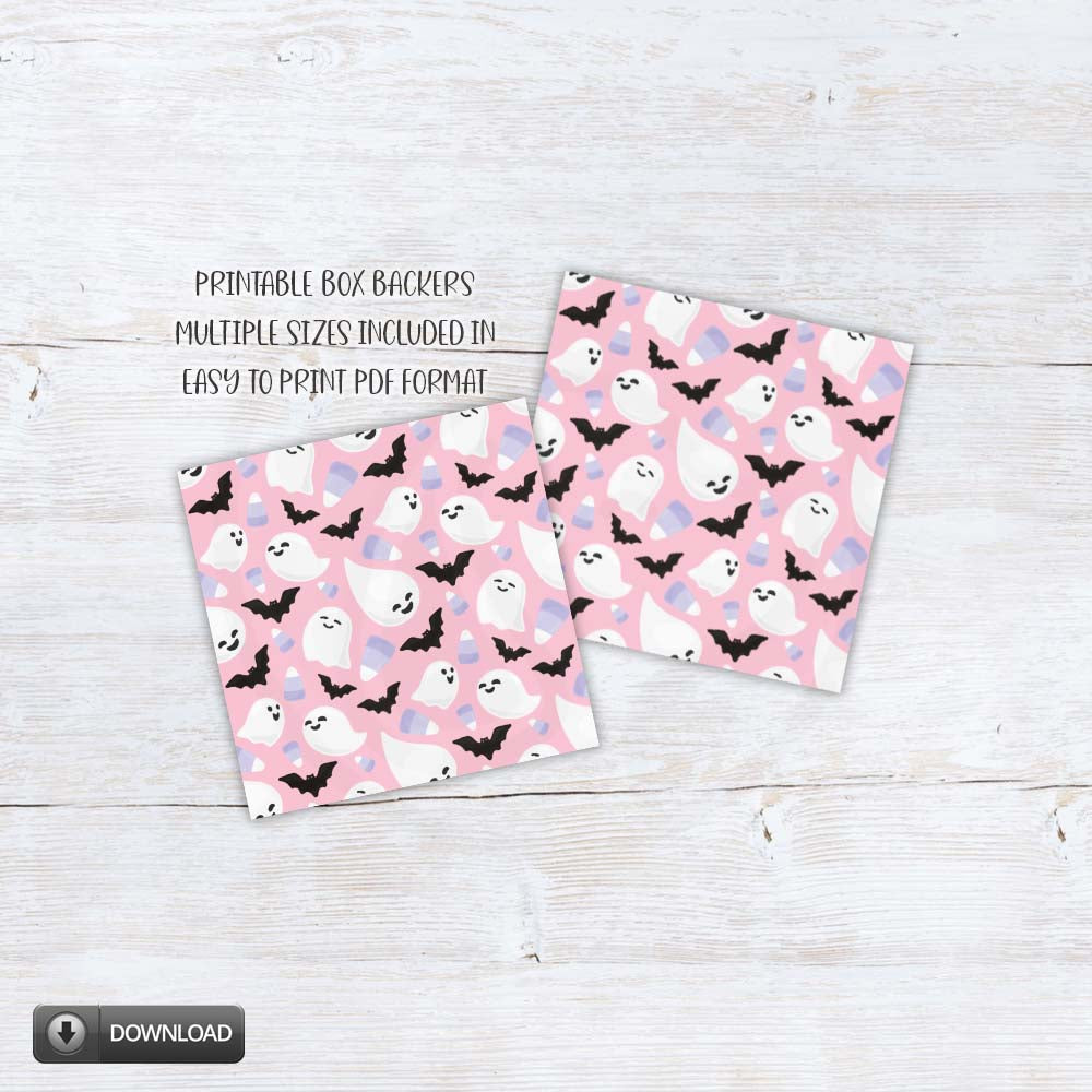 Pink Halloween cookie backers with ghosts, bats, and candy corn for boo baskets, cookies, gift boxes, treats, and party favors.