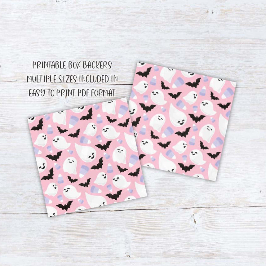 Pink Halloween cookie backers with ghosts, bats, and candy corn for boo baskets, cookies, gift boxes, treats, and party favors.
