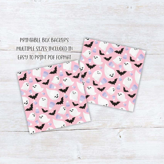 Pink Halloween cookie backers with ghosts, bats, and candy corn for boo baskets, cookies, gift boxes, treats, and party favors.