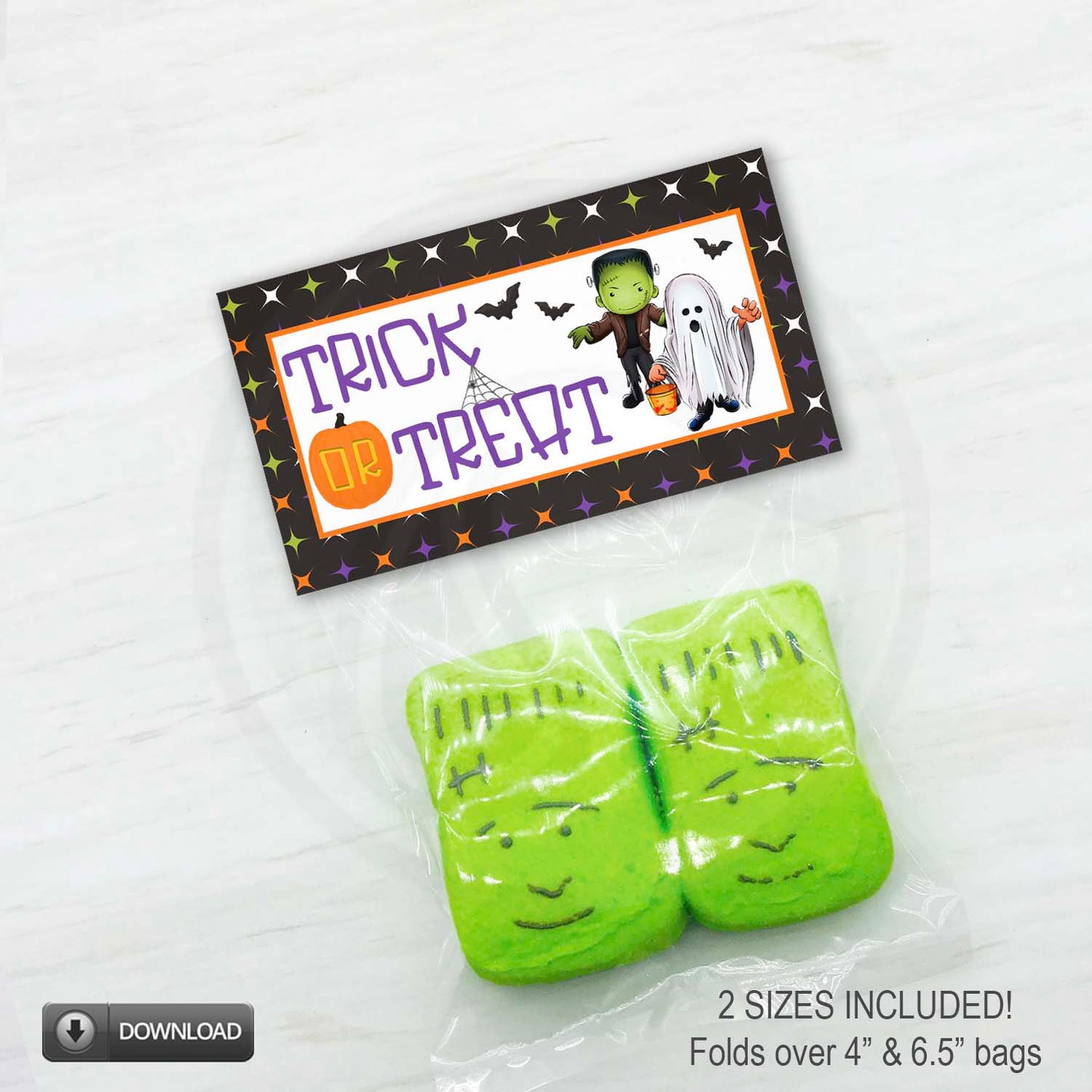 printable halloween candy bag toppers with kids dressed up as ghost and frankenstine - printable download by your paper stash