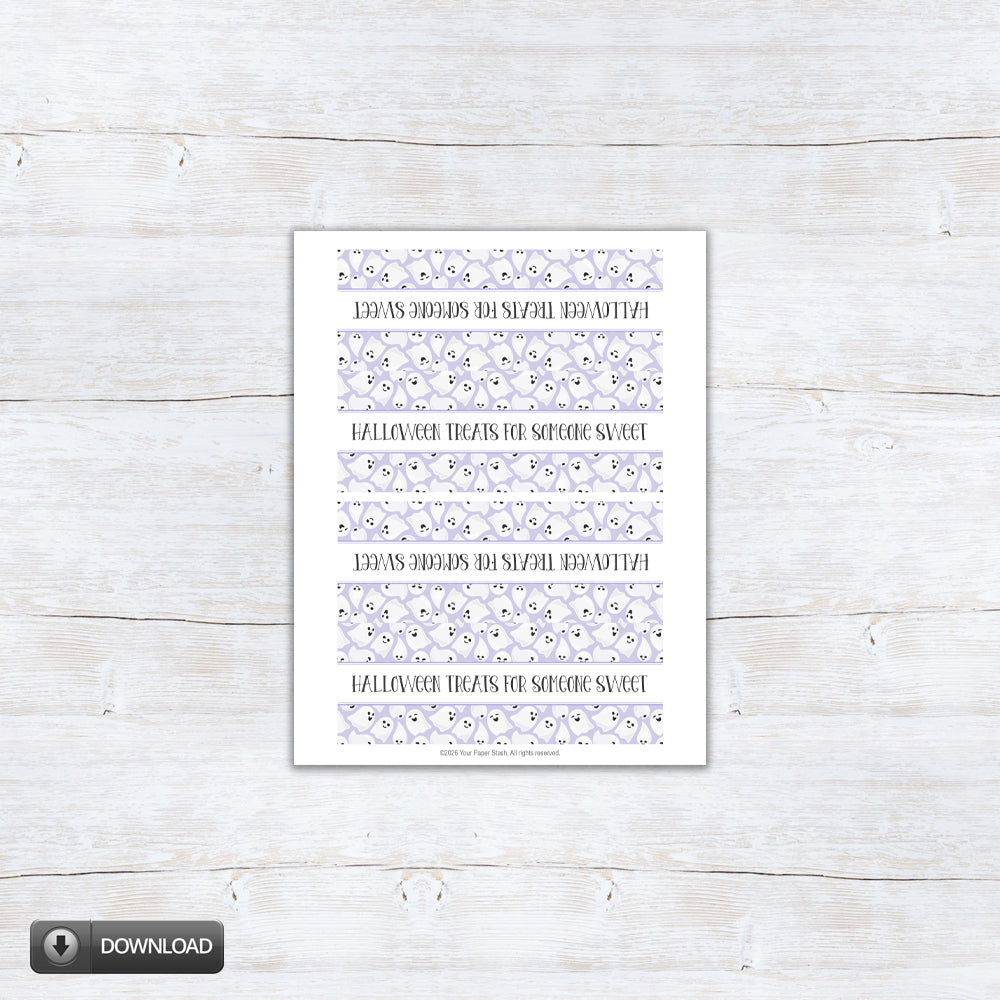 Printable lavender Halloween treat bag topper featuring friendly ghosts and the phrase “Halloween Treats for Someone Sweet.”
