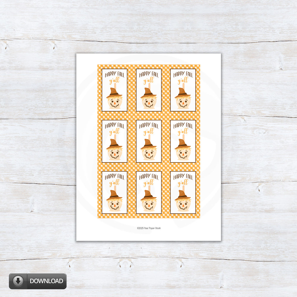 happy fall y'all printable scarecrow gift tags for caramel apples