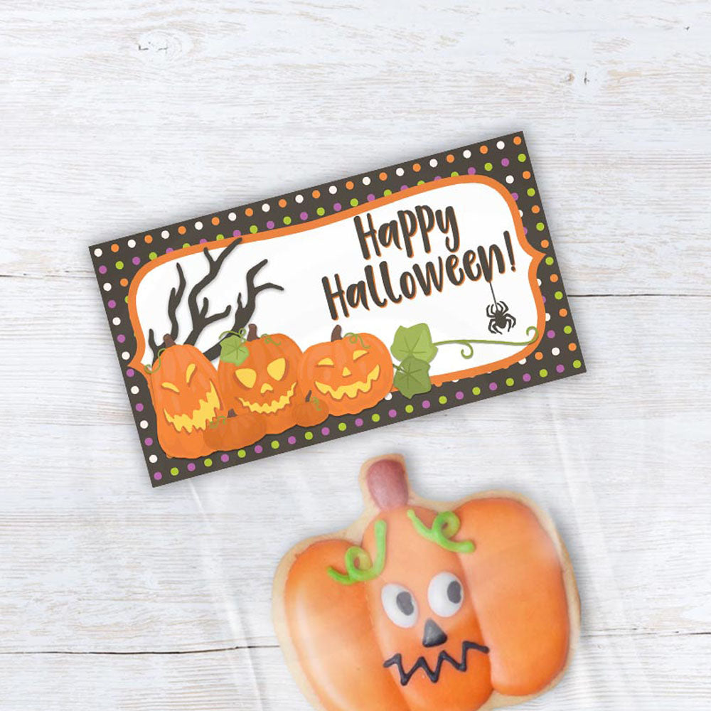 happy halloween treat bag toppers that have spooky pumpkins - printable download