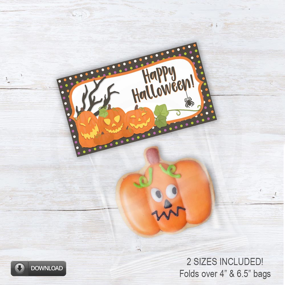 printable happy halloween treat candy and cookie bag toppers with spooky halloween pumpkins - download