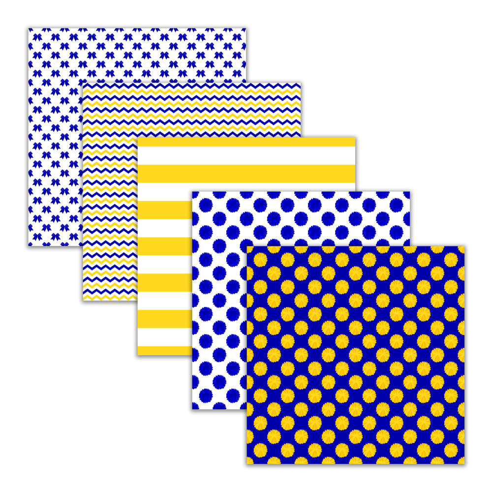 royal blue and yellow cheerleader digital scrapbook papers. Pom-pom megaphone stripe and chevron patterns
