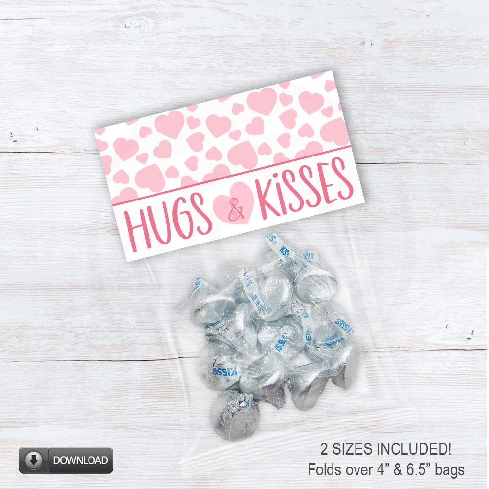 Pink Heart Hugs Kisses Valentines Day Bag Topper