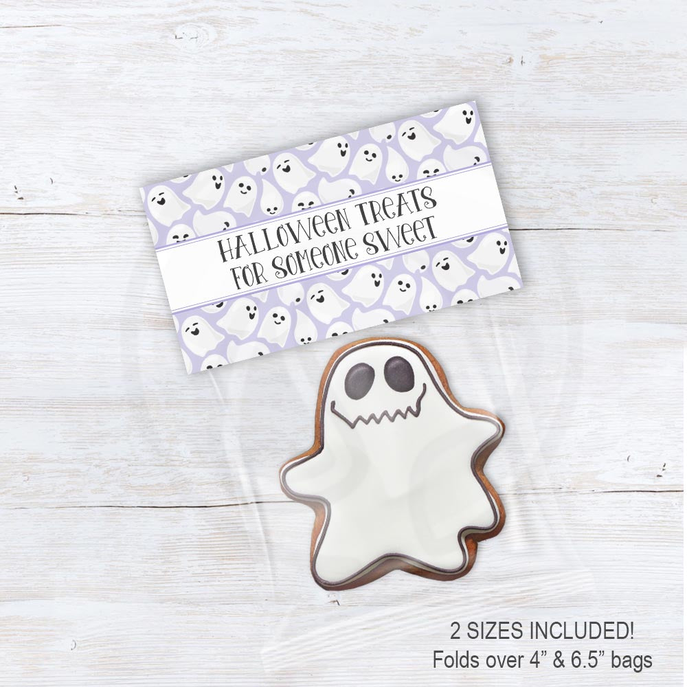 Printable lavender Halloween treat bag topper featuring friendly ghosts and the phrase “Halloween Treats for Someone Sweet.”