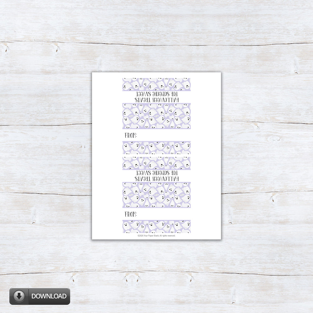 Printable lavender Halloween treat bag topper featuring friendly ghosts and the phrase “Halloween Treats for Someone Sweet.”