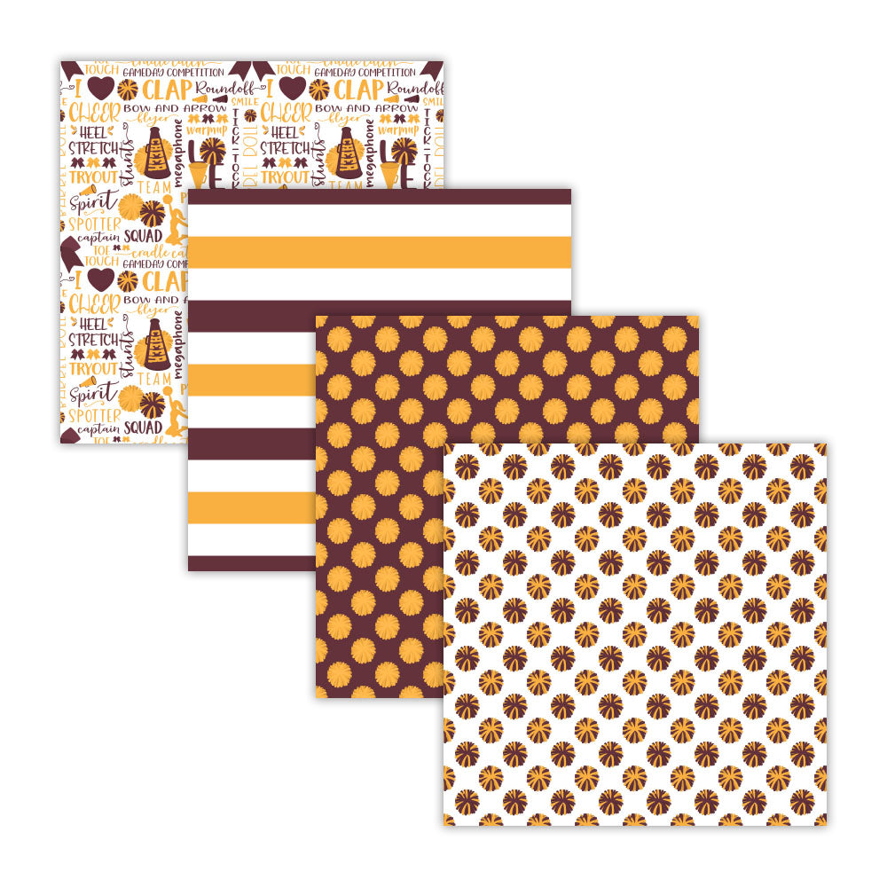 maroon and gold cheerleader digital scrapbook papers - 12x12 seamless files - 16 designs included - Designs include pom-poms megaphones hair bows stripes chevrons and word collage patterns
