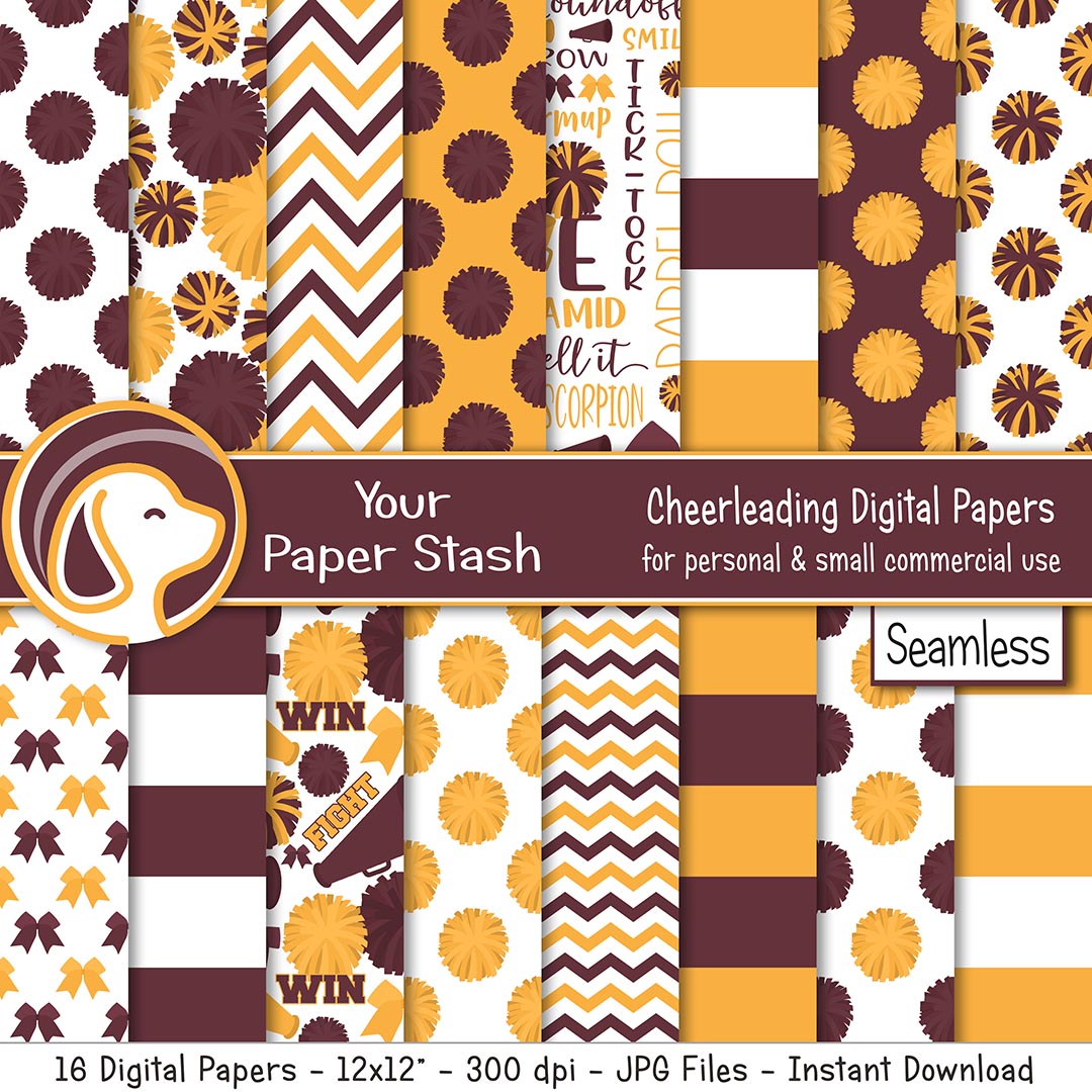 maroon and gold cheerleader digital scrapbook papers - 12x12 seamless files - 16 designs included - Designs include pom-poms megaphones hair bows stripes chevrons and word collage patterns