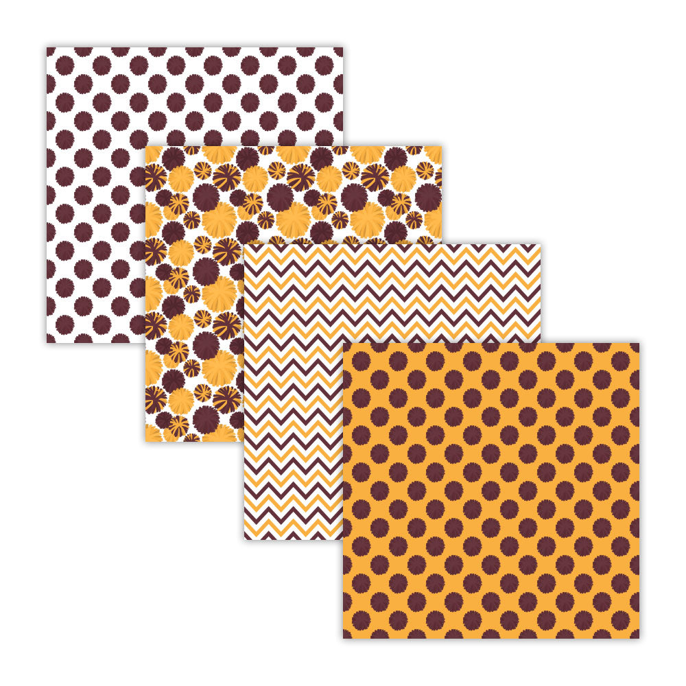maroon and gold cheerleader digital scrapbook papers - 12x12 seamless files - 16 designs included - Designs include pom-poms megaphones hair bows stripes chevrons and word collage patterns