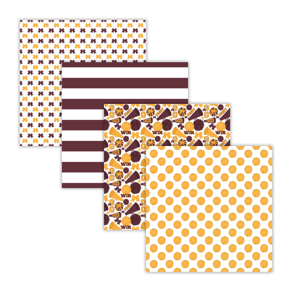 maroon and gold cheerleader digital scrapbook papers - 12x12 seamless files - 16 designs included - Designs include pom-poms megaphones hair bows stripes chevrons and word collage patterns