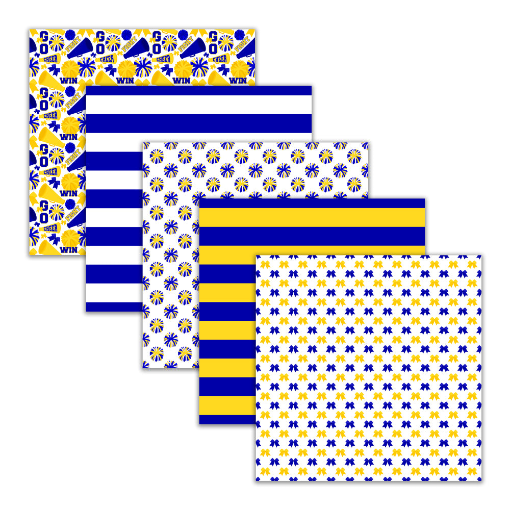 royal blue and yellow cheerleader digital scrapbook papers. Pom-pom megaphone stripe and chevron patterns