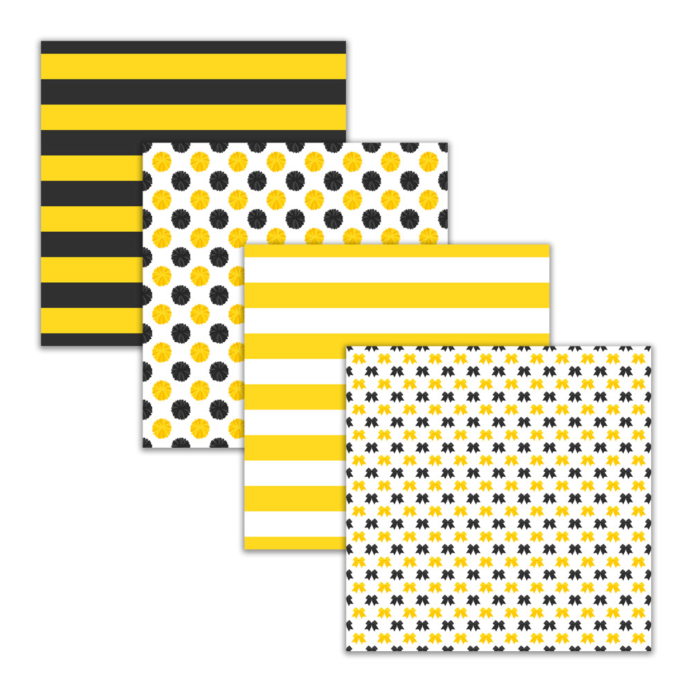 Yellow black and white cheerleading digital paper pack with pom pom, megaphone, bow, stripe, and chevron patterns