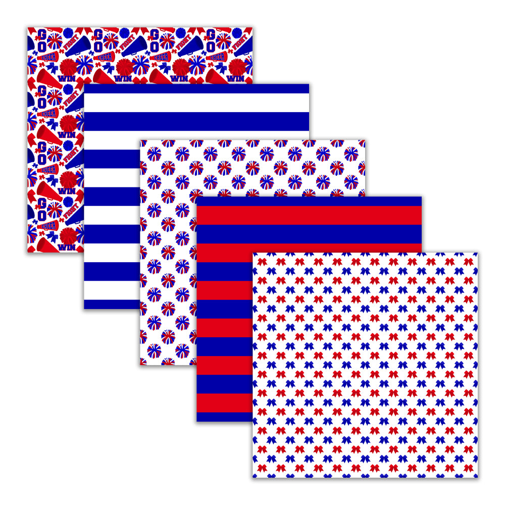 Red and blue cheerleading digital paper pack with pom pom, bow, megaphone, stripe, and chevron patterns