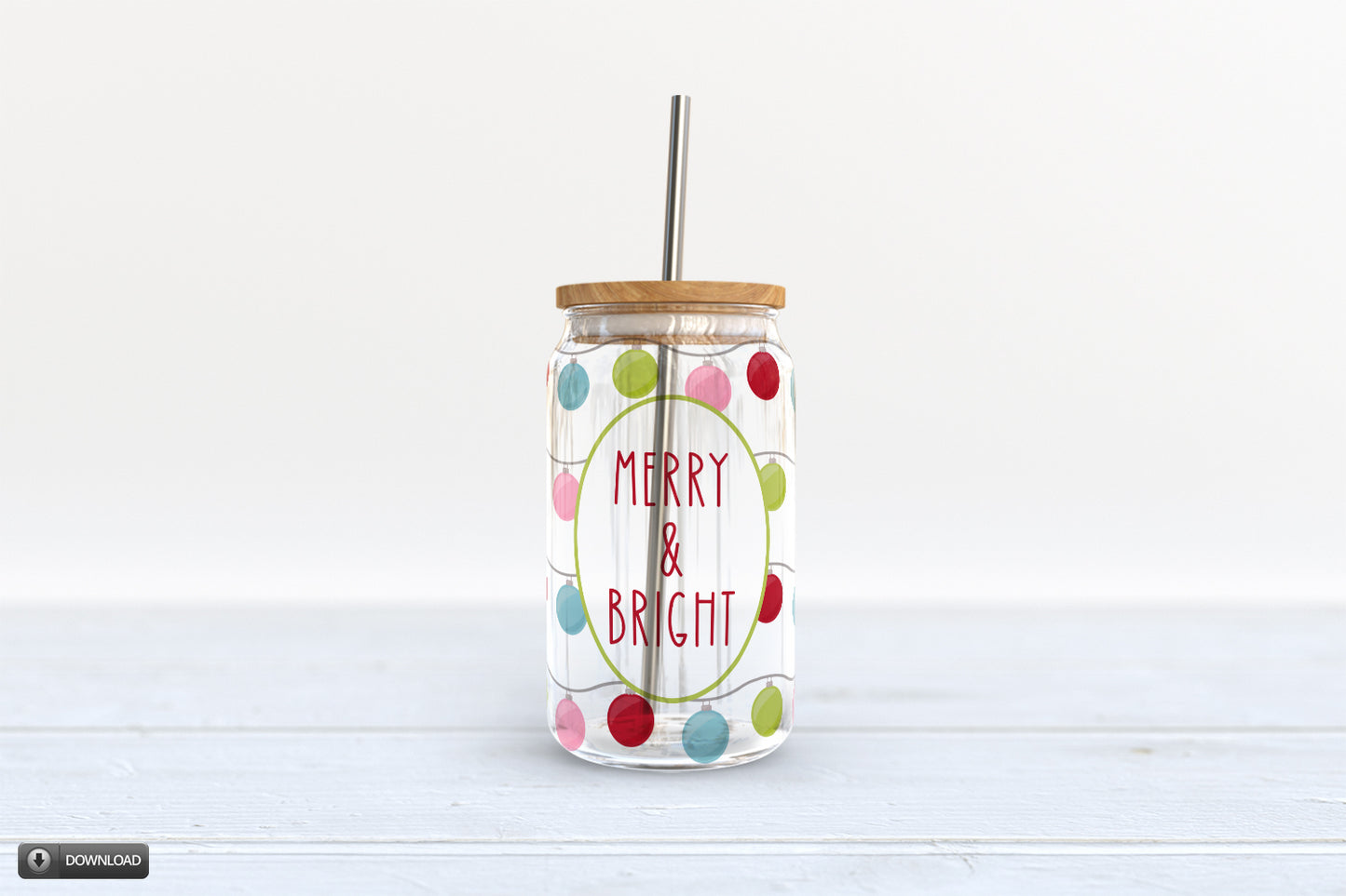 Merry Bright Christmas Glass Jar Wrap Sublimation Design